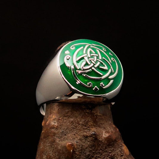 Excellent domed Men's Ring green Celtic Triquetra Knot - Sterling Silver-0