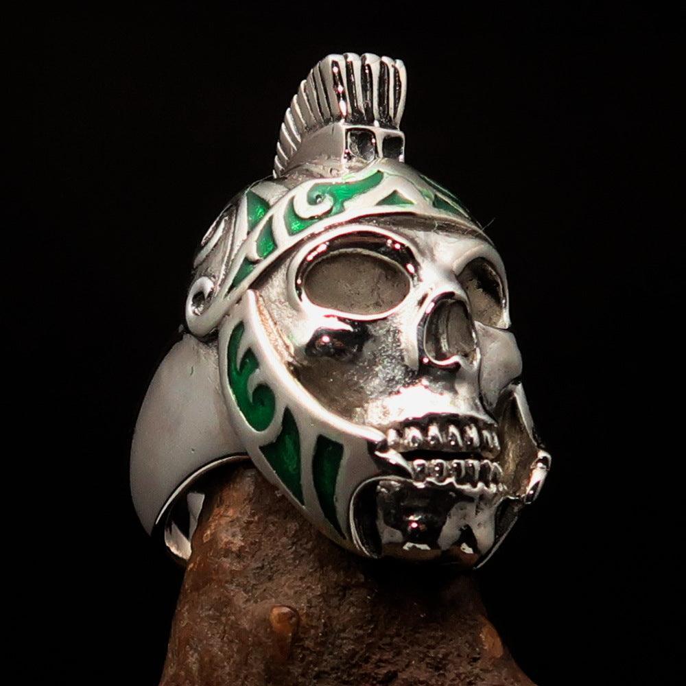 Excellent crafted Men's Skull Biker Ring green Roman Centurion - Sterling Silver-2
