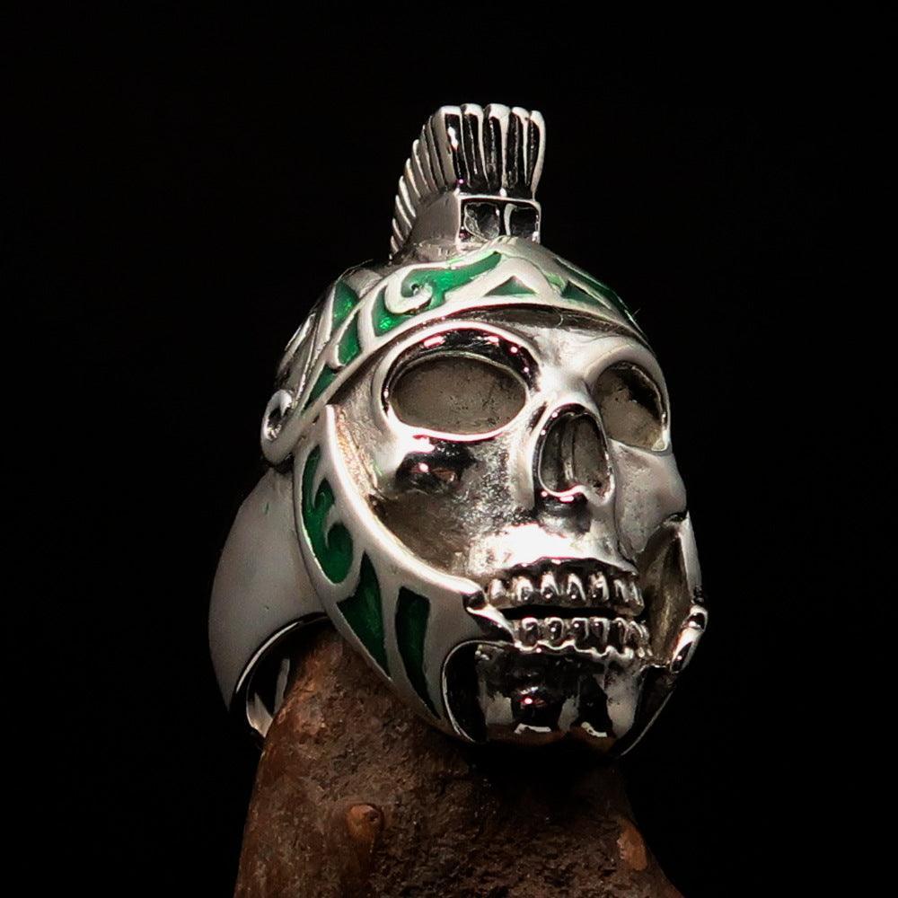 Excellent crafted Men's Skull Biker Ring green Roman Centurion - Sterling Silver-0