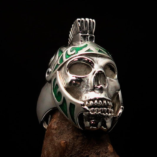 Excellent crafted Men's Skull Biker Ring green Roman Centurion - Sterling Silver-0