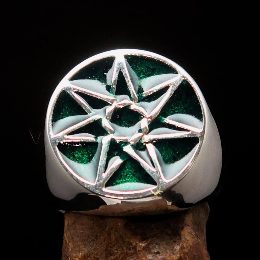 Excellent crafted Men's Heptagon Ring Green seven sided Polygon - Sterling Silver-1