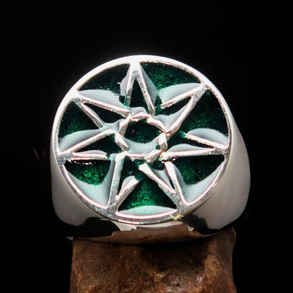 Excellent crafted Men's Heptagon Ring Green seven sided Polygon - Sterling Silver-1
