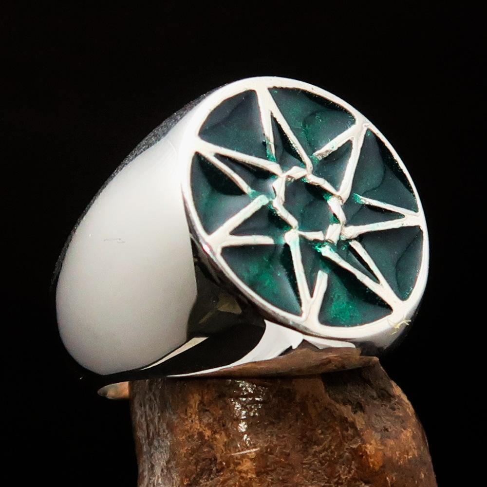 Excellent crafted Men's Heptagon Ring Green seven sided Polygon - Sterling Silver-0