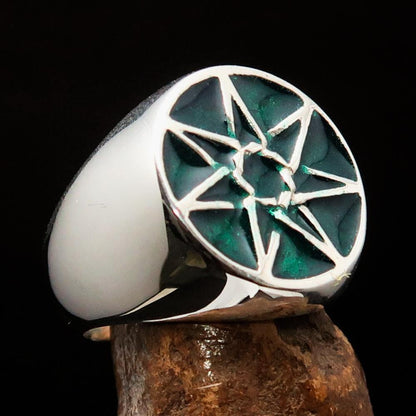 Excellent crafted Men's Heptagon Ring Green seven sided Polygon - Sterling Silver-0