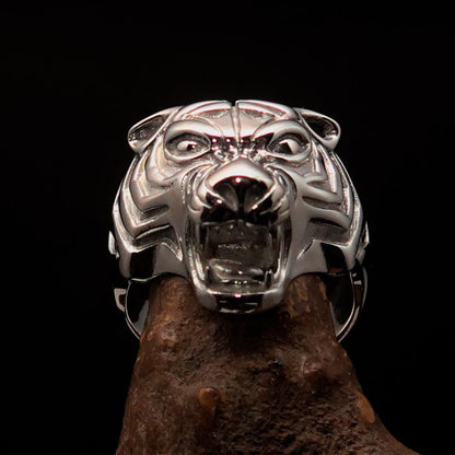 Excellent crafted Men's Animal Ring Male Tiger - shiny Sterling Silver-1