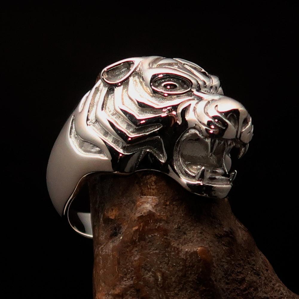 Excellent crafted Men's Animal Ring Male Tiger - shiny Sterling Silver-2