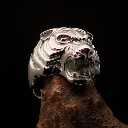 Excellent crafted Men's Animal Ring Male Tiger - shiny Sterling Silver-0