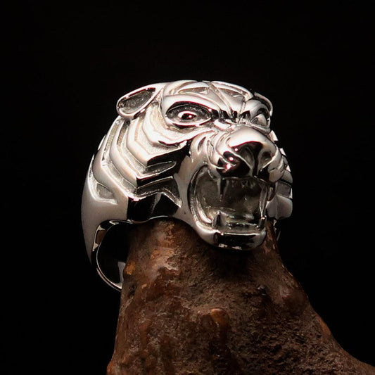 Excellent crafted Men's Animal Ring Male Tiger - shiny Sterling Silver-0