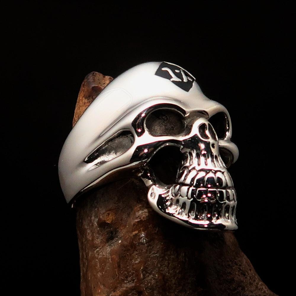 Mirror polished Men's Outlaw Biker Ring black 1% Skull - Sterling Silver-2