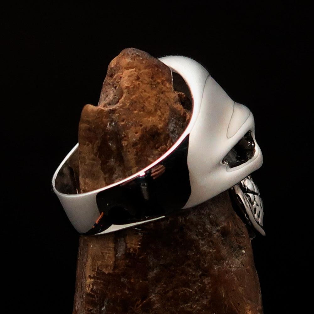 Mirror polished Men's Outlaw Biker Ring black 1% Skull - Sterling Silver-3