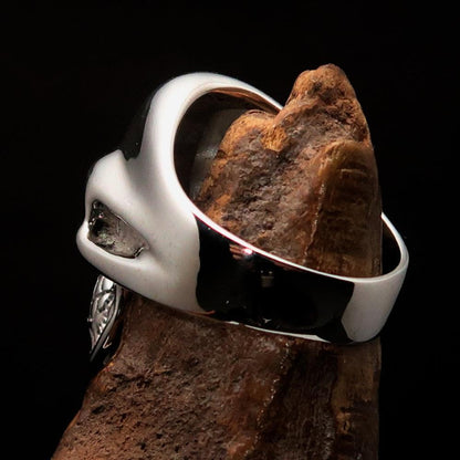 Mirror polished Men's Outlaw Biker Ring black 1% Skull - Sterling Silver-4