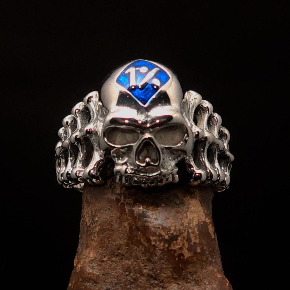 Excellent crafted Men's blue 1% Outlaw Biker Skull and Bones Ring - Sterling Silver-1