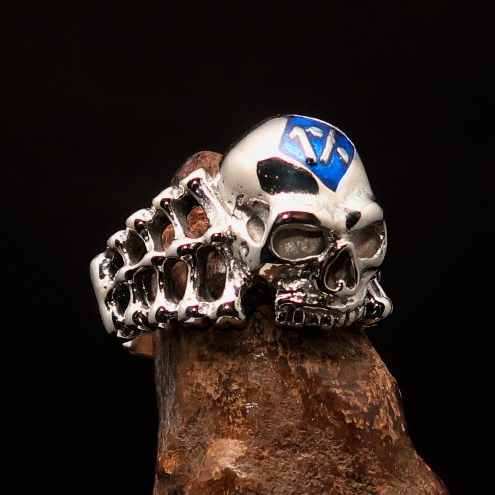 Excellent crafted Men's blue 1% Outlaw Biker Skull and Bones Ring - Sterling Silver-2