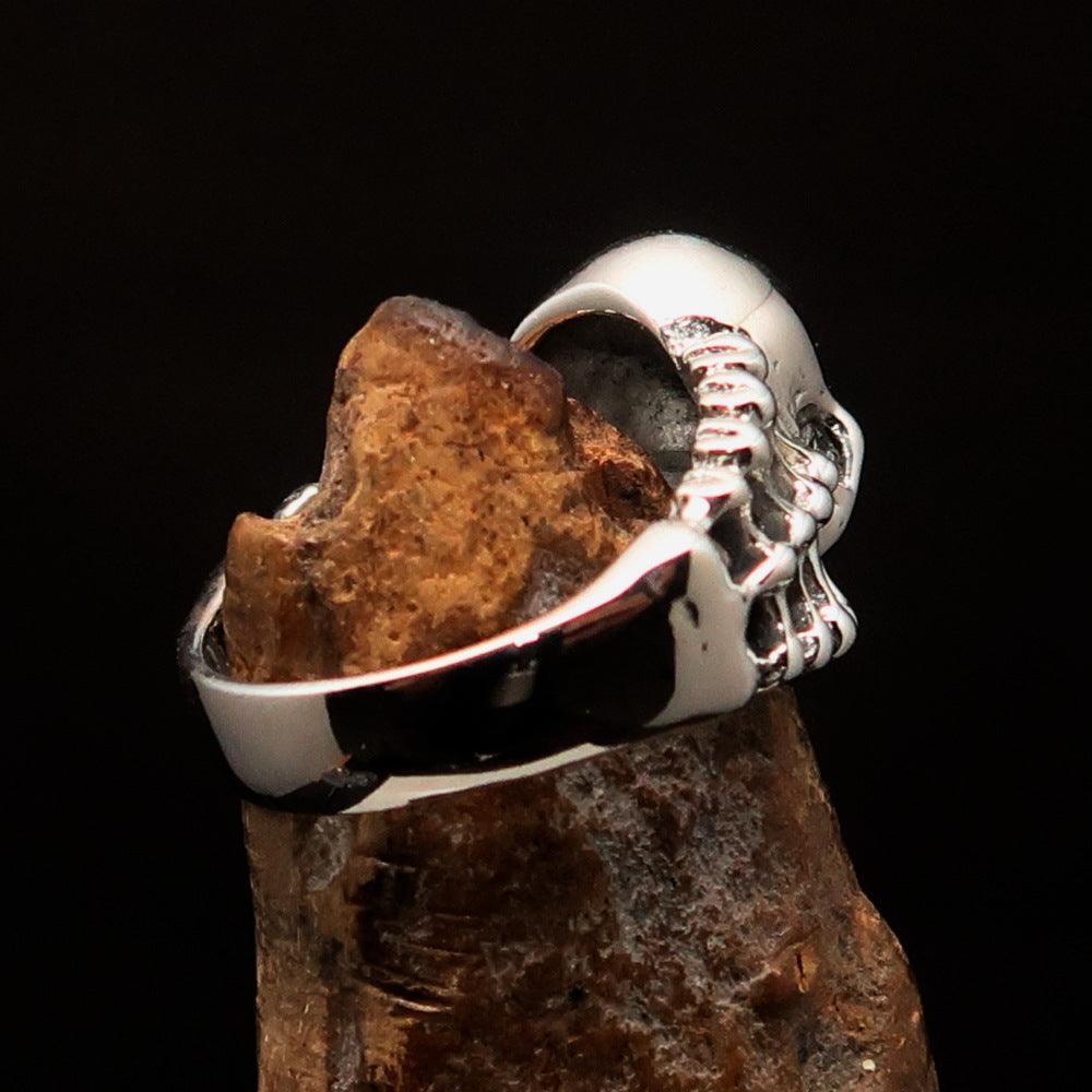 Excellent crafted Men's blue 1% Outlaw Biker Skull and Bones Ring - Sterling Silver-3