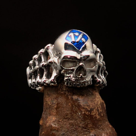 Excellent crafted Men's blue 1% Outlaw Biker Skull and Bones Ring - Sterling Silver-0