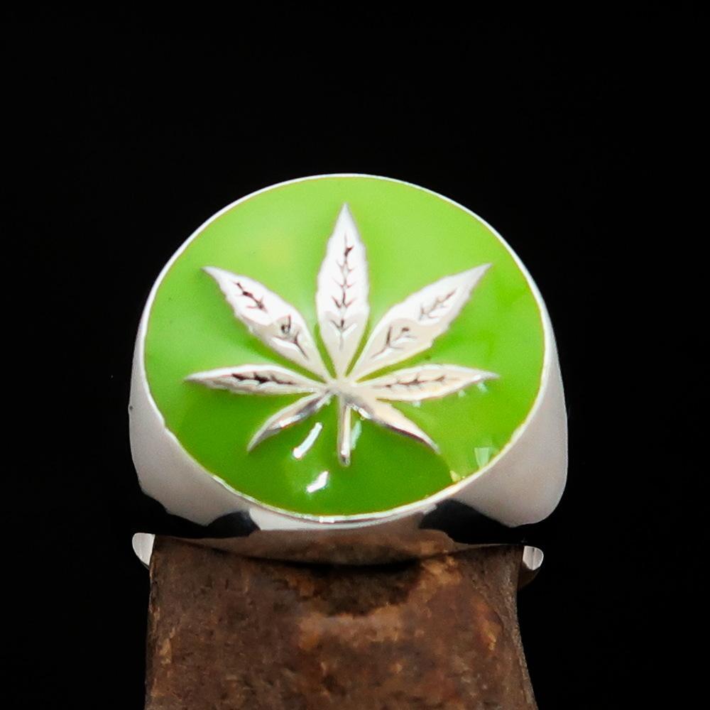Sterling Silver Men's Ring Marihuana Cannabis Leaf in Green-1