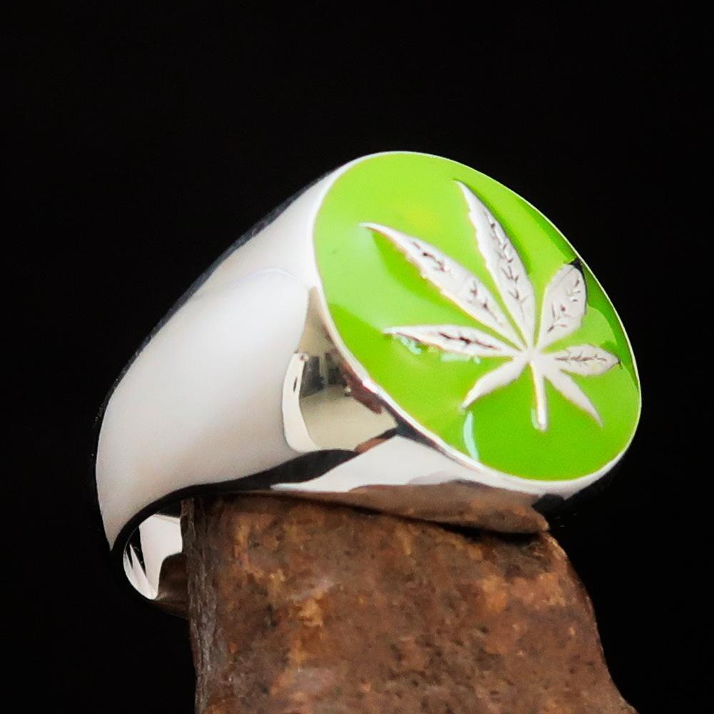 Sterling Silver Men's Ring Marihuana Cannabis Leaf in Green-2