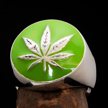 Sterling Silver Men's Ring Marihuana Cannabis Leaf in Green-0