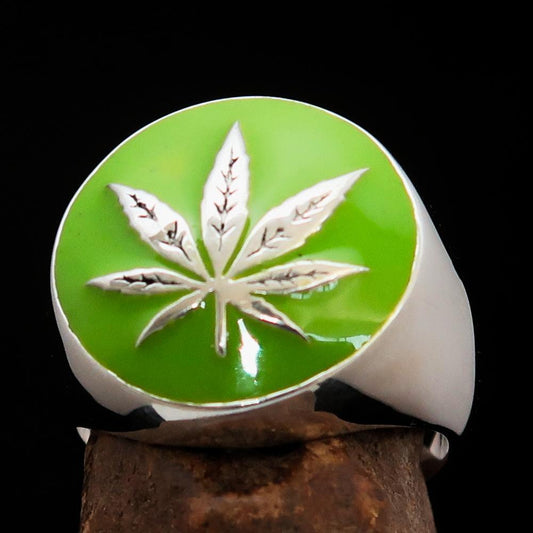 Sterling Silver Men's Ring Marihuana Cannabis Leaf in Green-0