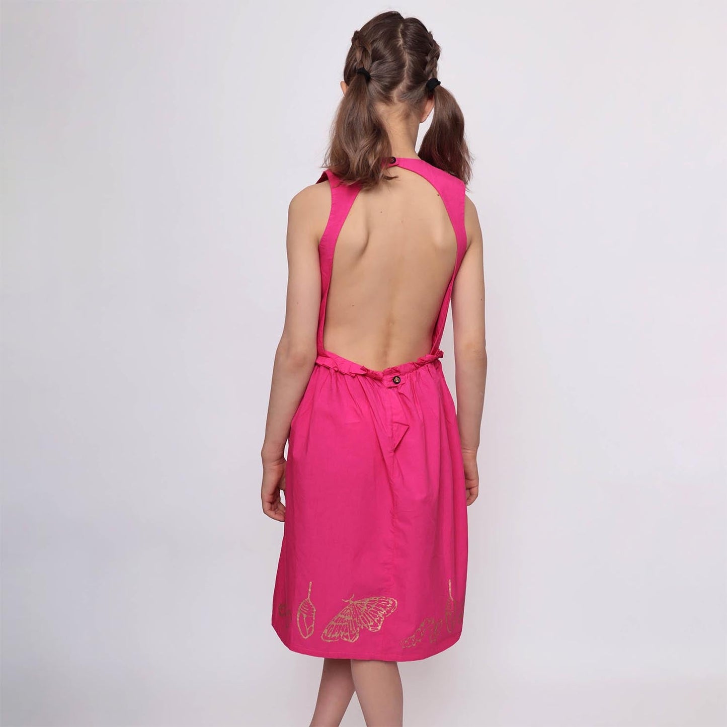 Pink Flower Girl Dress with Golden Hand Block Print-3