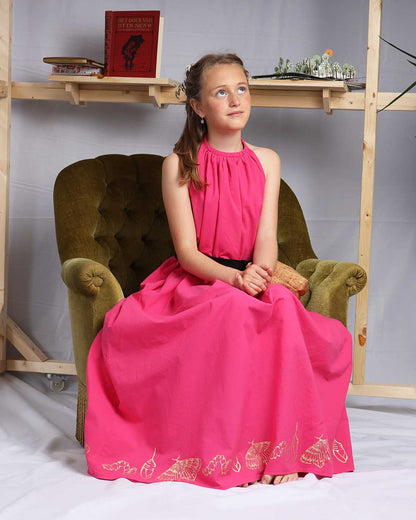 Girls Pink Boho Dress with Golden Hand Block Print-1