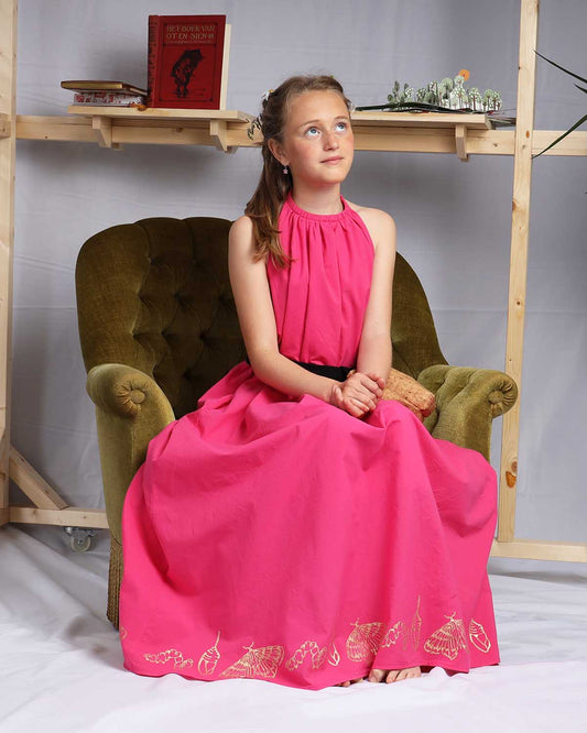 Girls Pink Boho Dress with Golden Hand Block Print-1