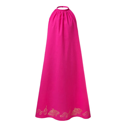Girls Pink Boho Dress with Golden Hand Block Print-0