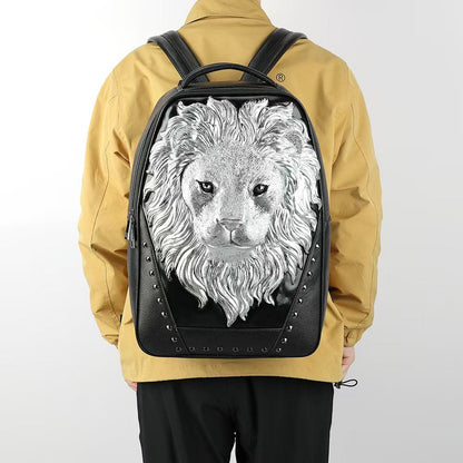 3D Leather Backpack 3D Lion Head Modeling outdoor Backpack Travel Computer Bags Large-5