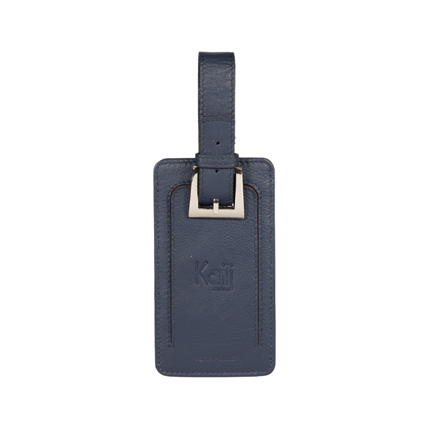 K0006DB | Luggage tag made of genuine full-grain leather with light grain. Blue color. Adjustable strap. Size: 12 x 6.5 x 1 cm - Packaging: hard bottom/cover Gift Box-0