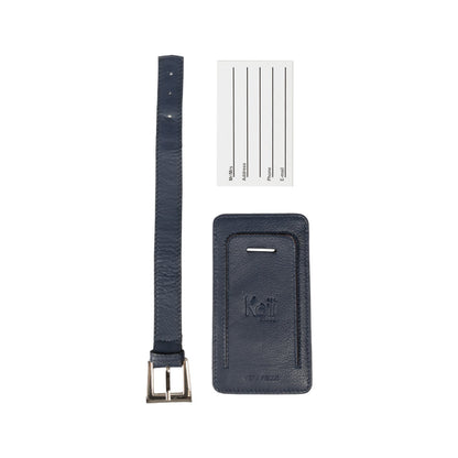 K0006DB | Luggage tag made of genuine full-grain leather with light grain. Blue color. Adjustable strap. Size: 12 x 6.5 x 1 cm - Packaging: hard bottom/cover Gift Box-1