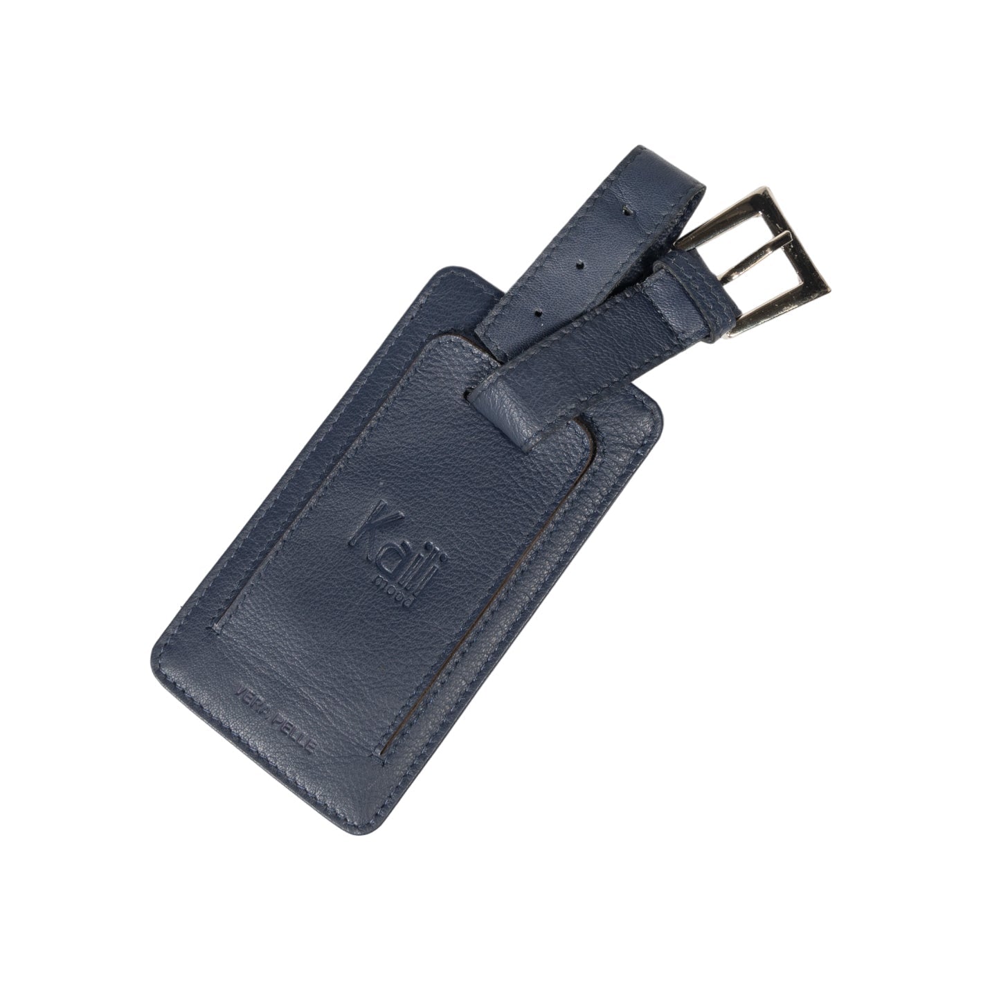 K0006DB | Luggage tag made of genuine full-grain leather with light grain. Blue color. Adjustable strap. Size: 12 x 6.5 x 1 cm - Packaging: hard bottom/cover Gift Box-2