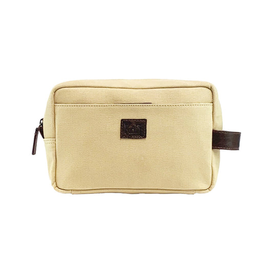 K0014GB | Canvas/Vera full-grain leather beauty case, foxed. Rope/Brown head color. Side handle. Zipper closure. Dimensions: 24 x 15 x 9 cm. Packaging: Tnt bag.-1