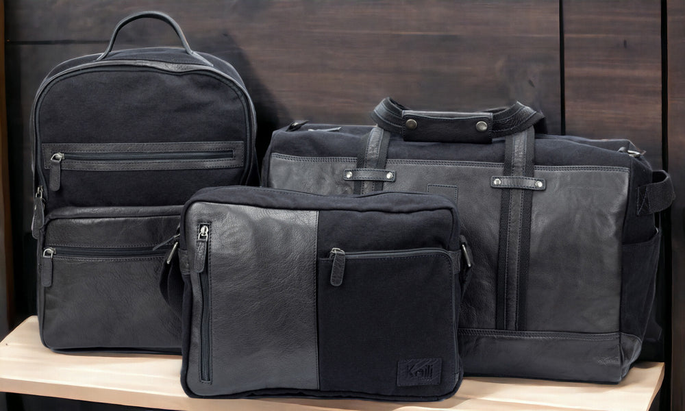 K0022AB | Messenger made of Canvas/Vera Leather, full-grain, ruffled - Color Black. Nickel Antiqued accessories, Zip top closure. Dimensions: 35 x 26 x 10 cm. Packaging: Tnt bag-4
