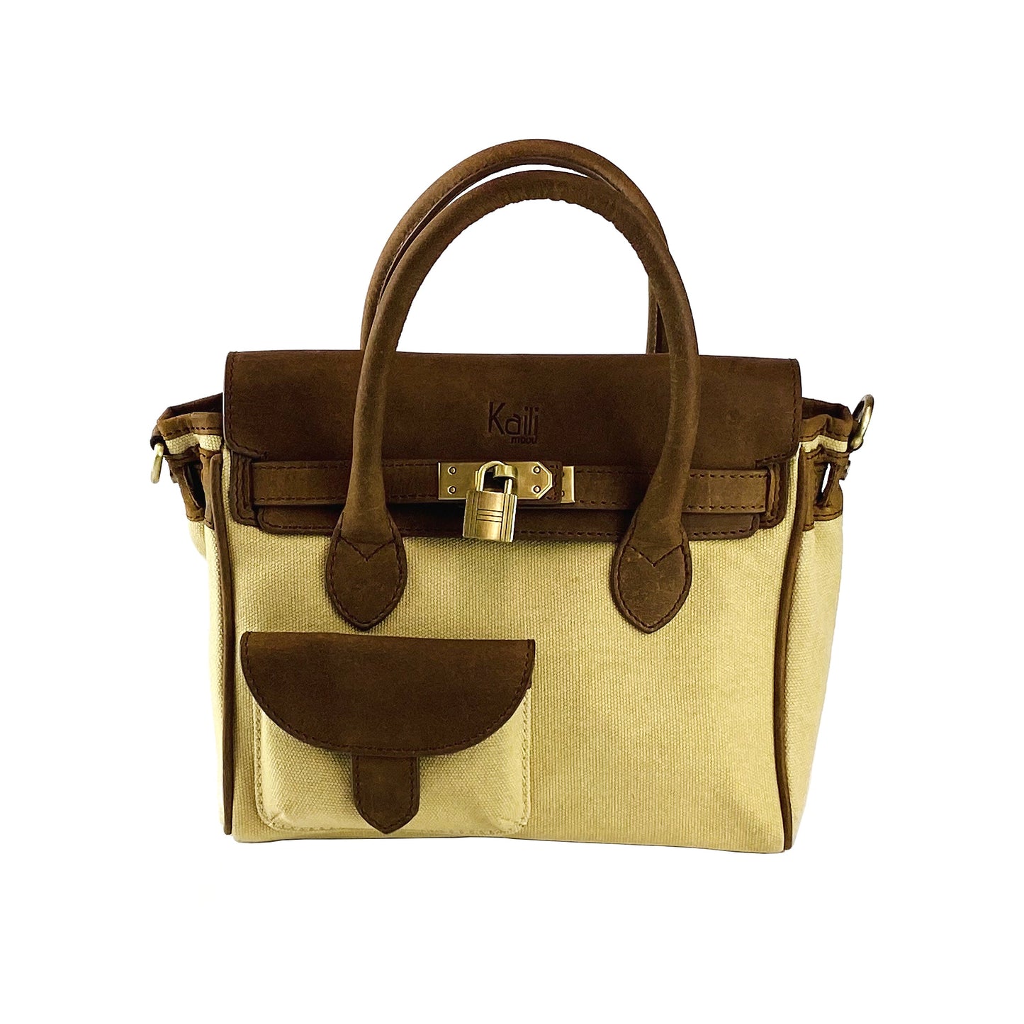 K0042ALCB | Canvas/Vera Leather Mini Hand Bag Made in Italy. Removable shoulder strap. Antique Brass metal snap hook attachments - Rope color - Dimensions: 24 x 20 x 12 cm.-1