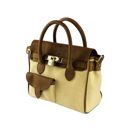 K0042ALCB | Canvas/Vera Leather Mini Hand Bag Made in Italy. Removable shoulder strap. Antique Brass metal snap hook attachments - Rope color - Dimensions: 24 x 20 x 12 cm.-3