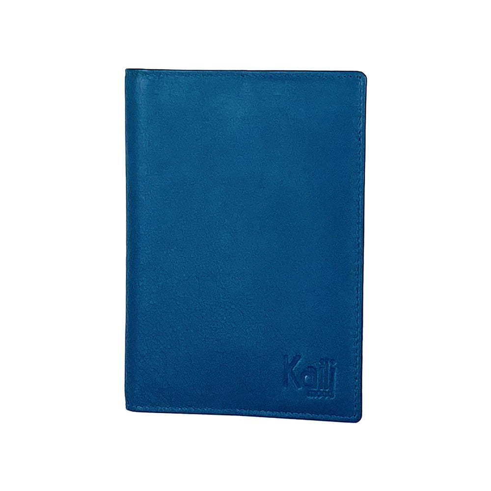K10237MB | Passport cover in genuine full-grain leather, with light grain. Blue Jeans color. Size when closed: 10 x 14 x 1 cm - Packaging: hard bottom/cover Gift Box-1