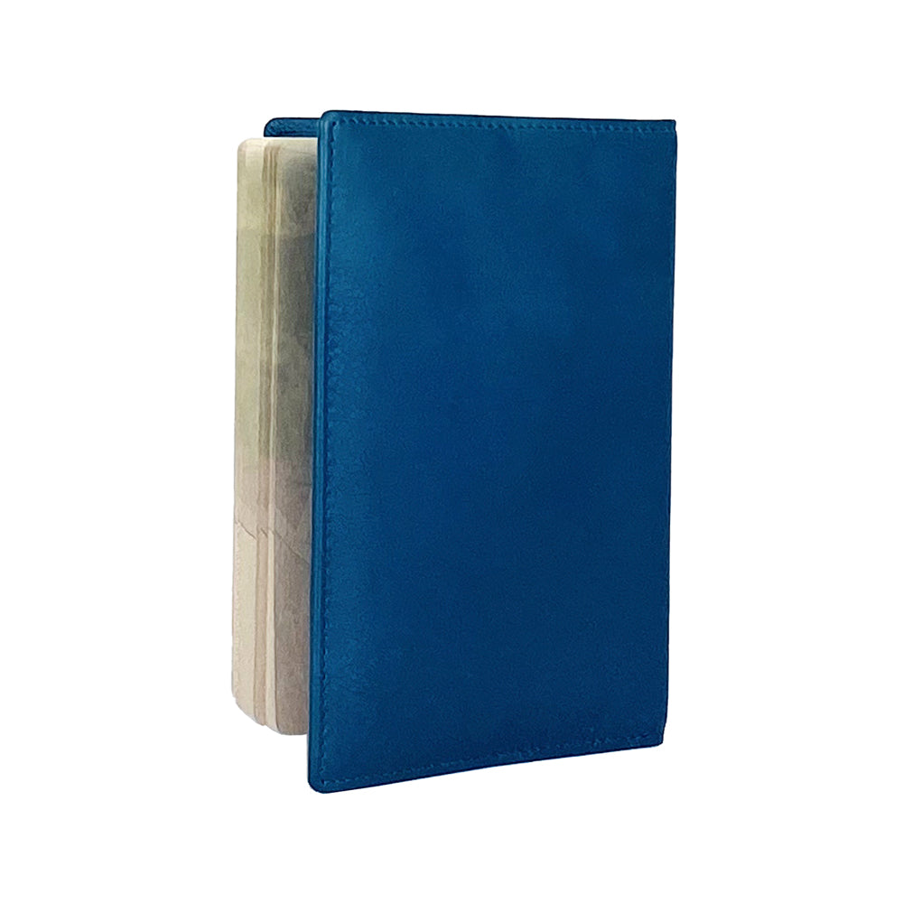 K10237MB | Passport cover in genuine full-grain leather, with light grain. Blue Jeans color. Size when closed: 10 x 14 x 1 cm - Packaging: hard bottom/cover Gift Box-3
