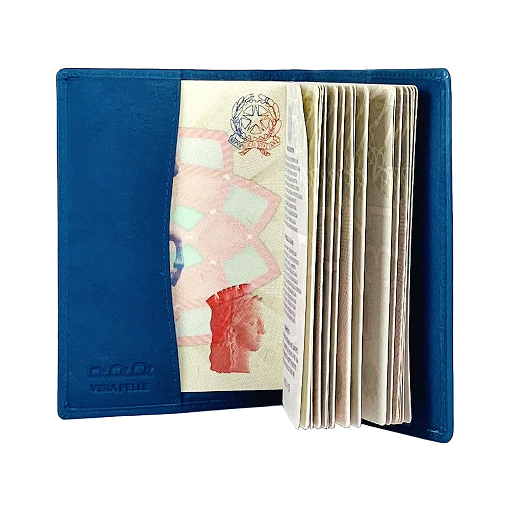 K10237MB | Passport cover in genuine full-grain leather, with light grain. Blue Jeans color. Size when closed: 10 x 14 x 1 cm - Packaging: hard bottom/cover Gift Box-0