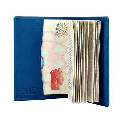 K10237MB | Passport cover in genuine full-grain leather, with light grain. Blue Jeans color. Size when closed: 10 x 14 x 1 cm - Packaging: hard bottom/cover Gift Box-0