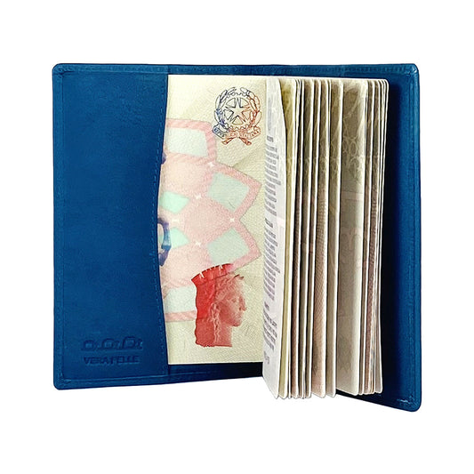 K10237MB | Passport cover in genuine full-grain leather, with light grain. Blue Jeans color. Size when closed: 10 x 14 x 1 cm - Packaging: hard bottom/cover Gift Box-0
