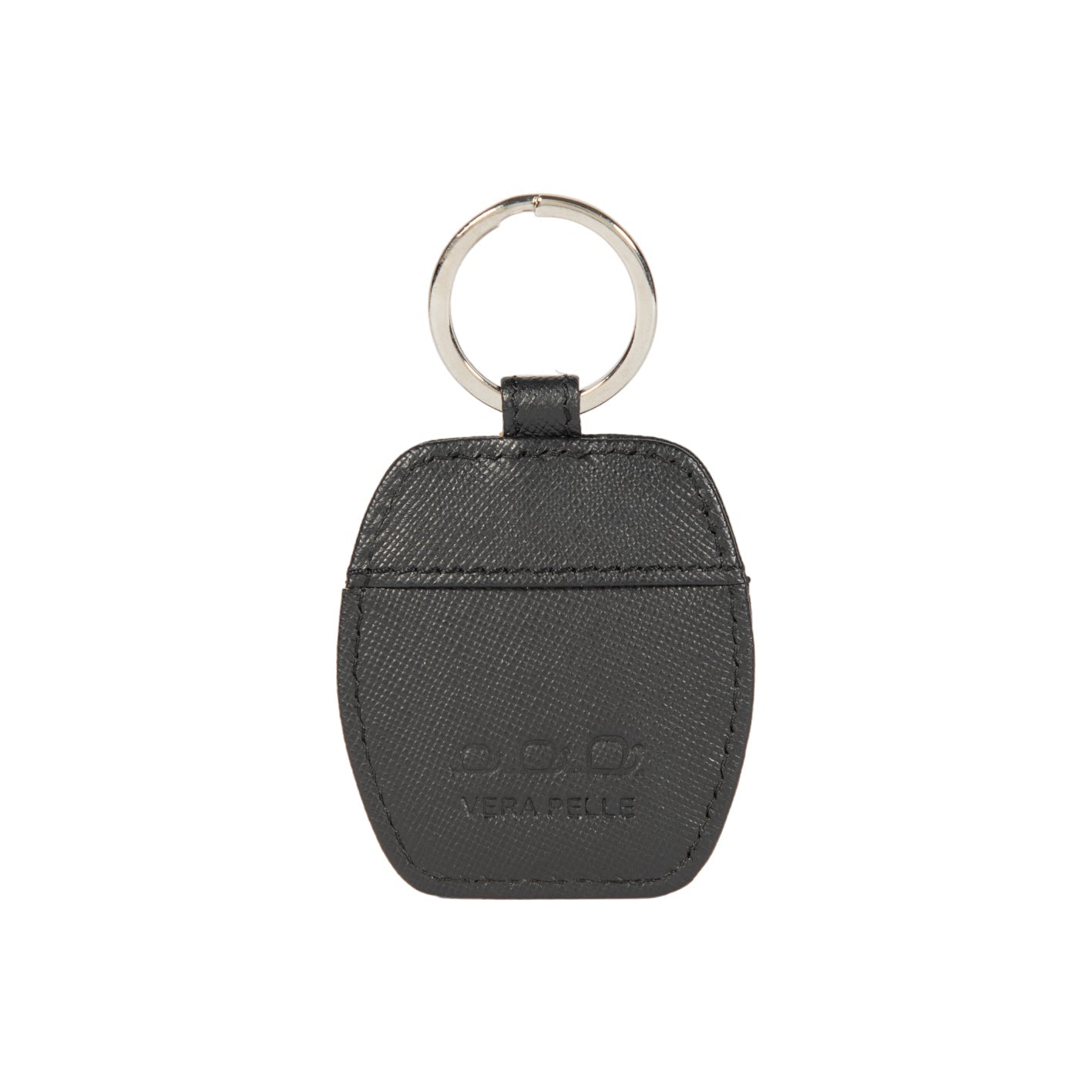 K10854AB | Saffiano Vera Pelle keychain. Black color. Polished Nickel key ring. Total dimensions: 5.5 x 9.5 x 0.5 cm. Packaging: hard bottom/cover Gift Box-1