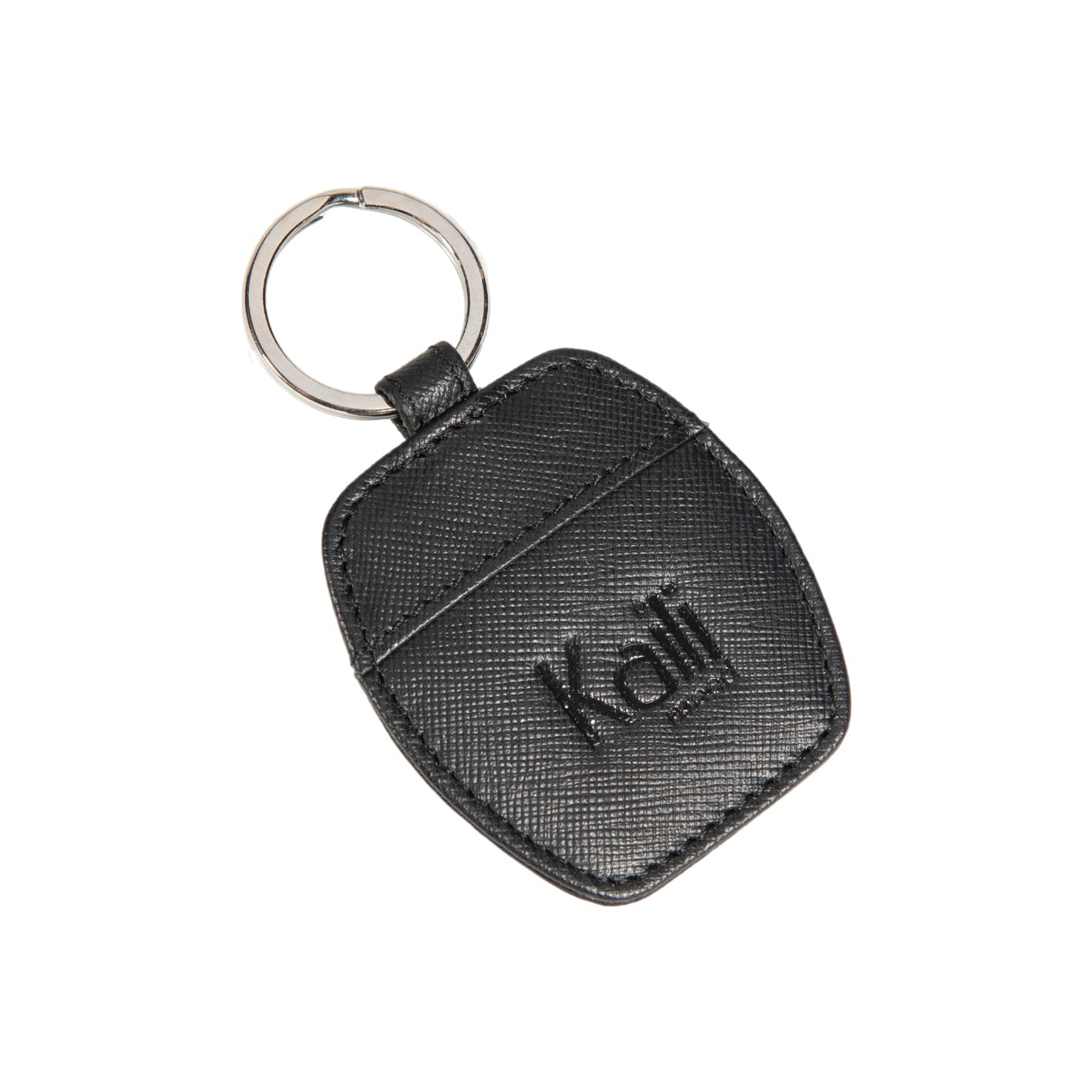 K10854AB | Saffiano Vera Pelle keychain. Black color. Polished Nickel key ring. Total dimensions: 5.5 x 9.5 x 0.5 cm. Packaging: hard bottom/cover Gift Box-3