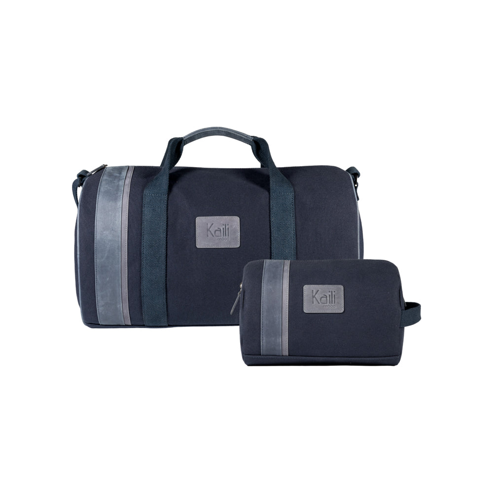 K2005DF | Beauty Case in Canvas 100% Cotton/Full Grain Leather, Naked. Blue color. Side handle. Zipper closure. Dimensions: 25 x 15 x 17 cm. Packaging: Tnt bag-3