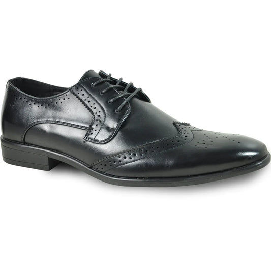Men's black wingtip Oxford dress shoe by Tux-USA, faux leather with detailed brogue accents on a polished finish.