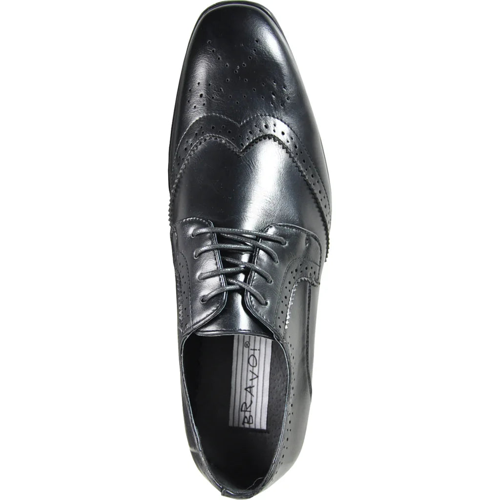 Men's black faux leather wingtip oxford dress shoe.