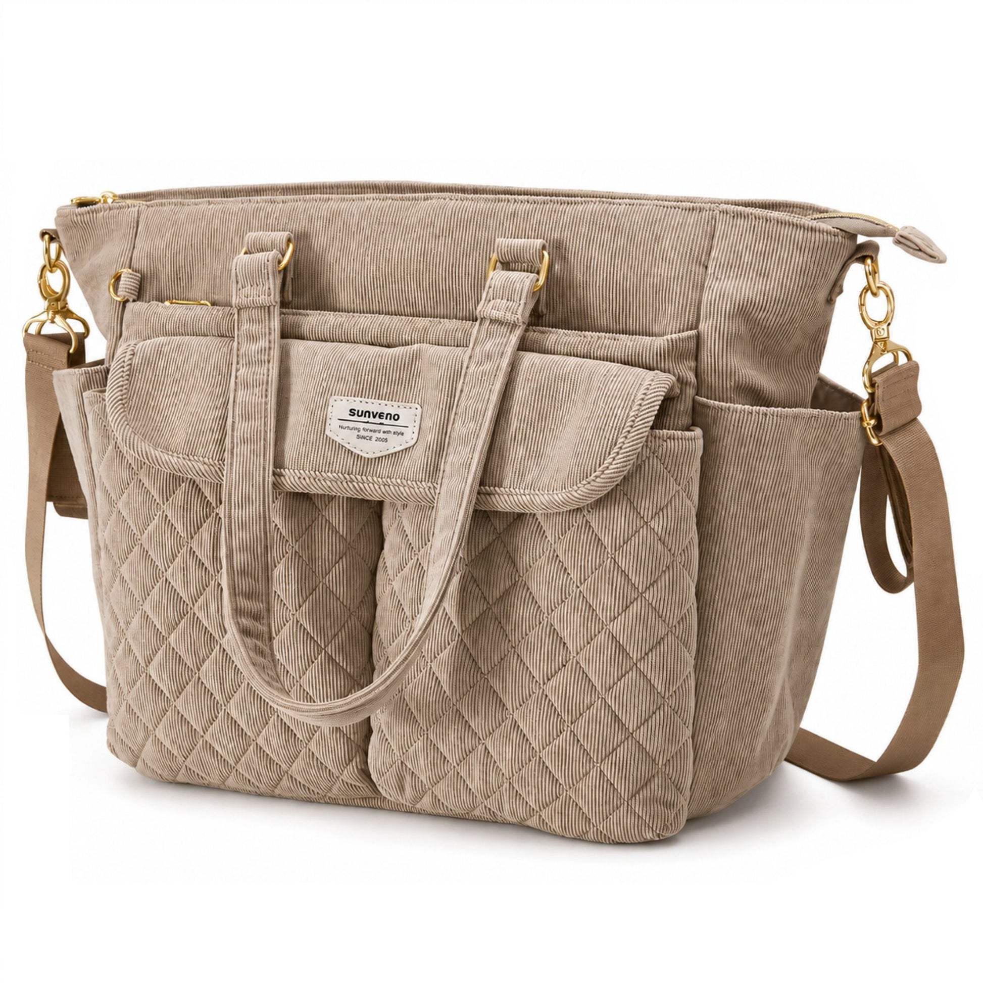 SUNVENO Corduroy Quilted Diaper Bag Tote-0