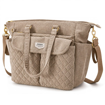 SUNVENO Corduroy Quilted Diaper Bag Tote-0
