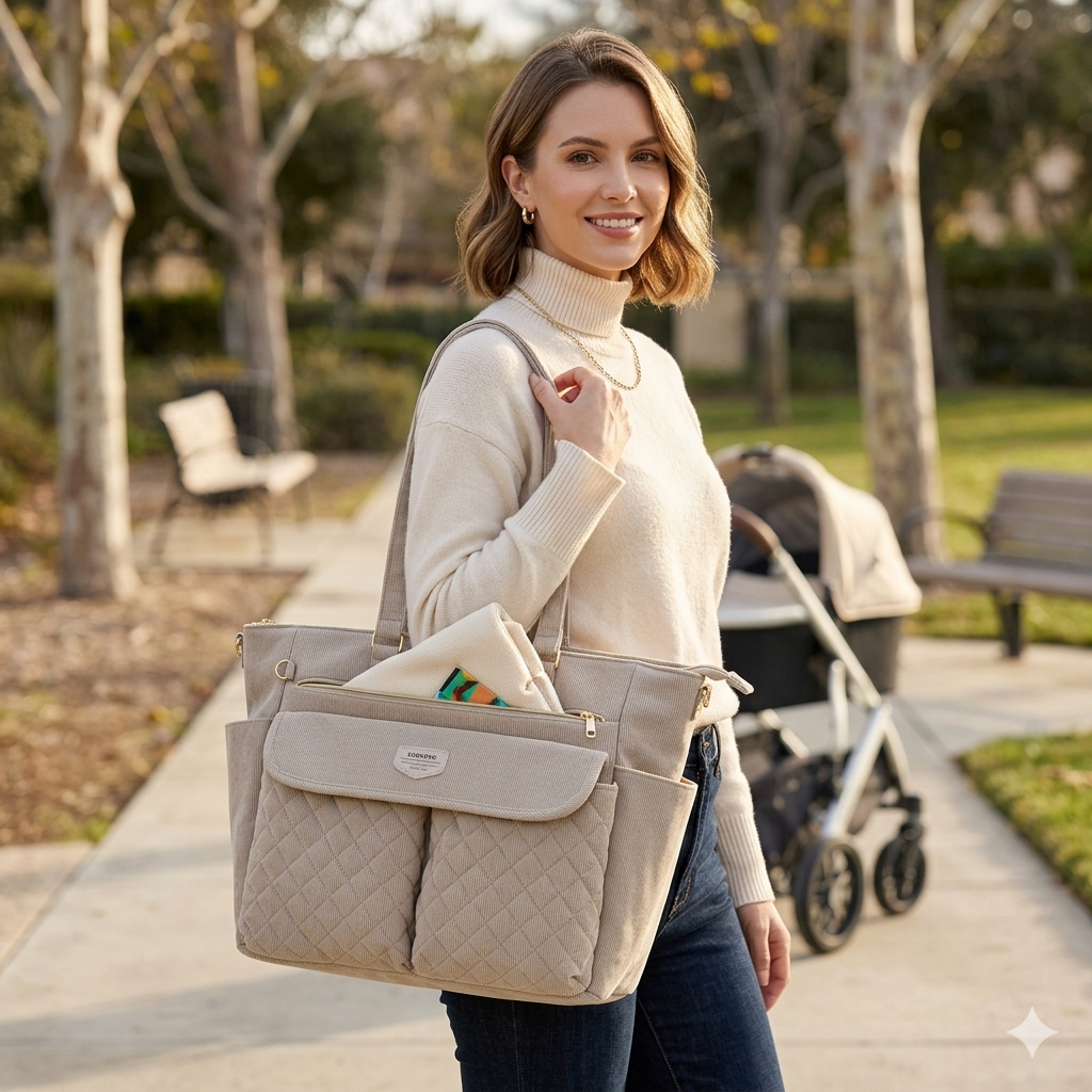 SUNVENO Corduroy Quilted Diaper Bag Tote-1