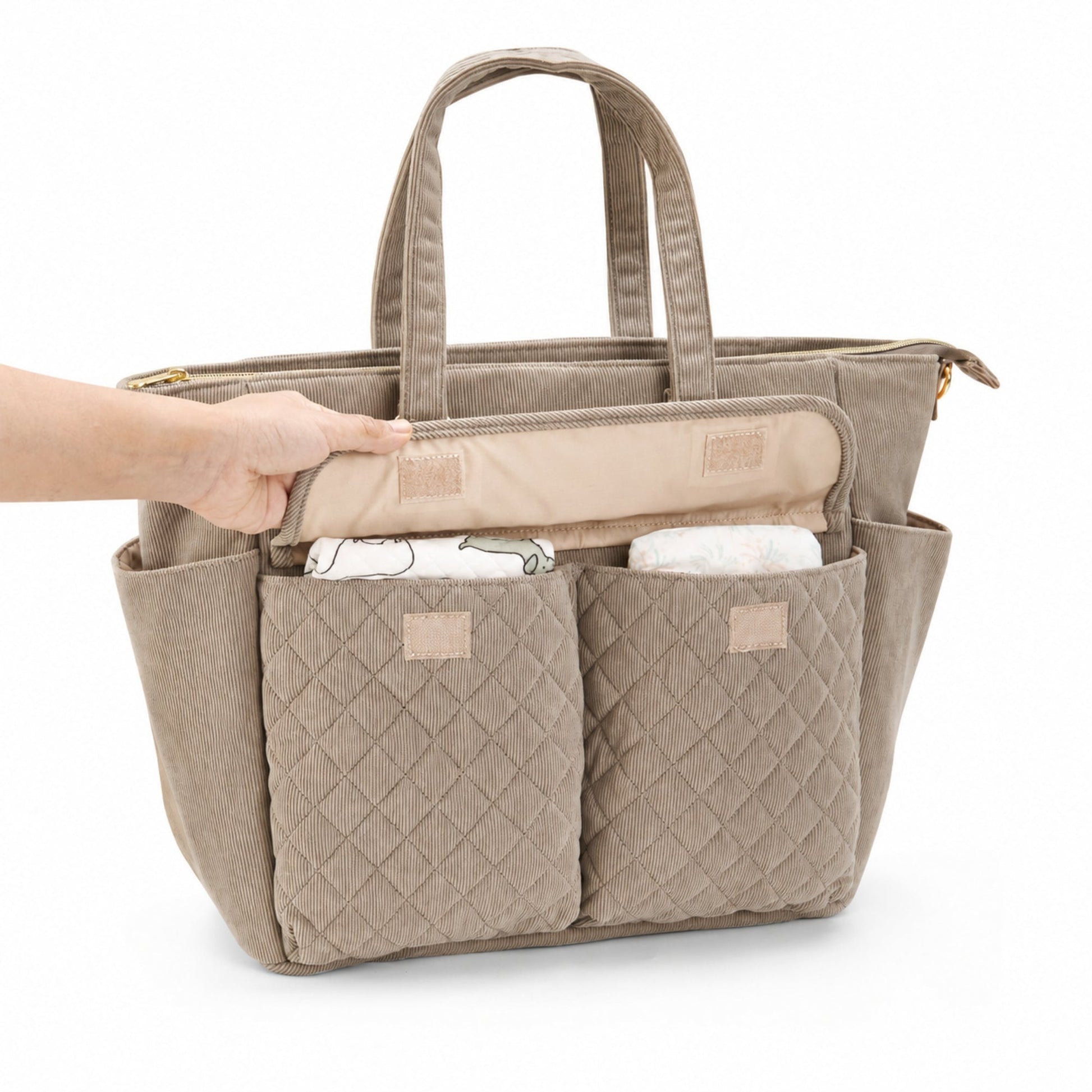 SUNVENO Corduroy Quilted Diaper Bag Tote-2