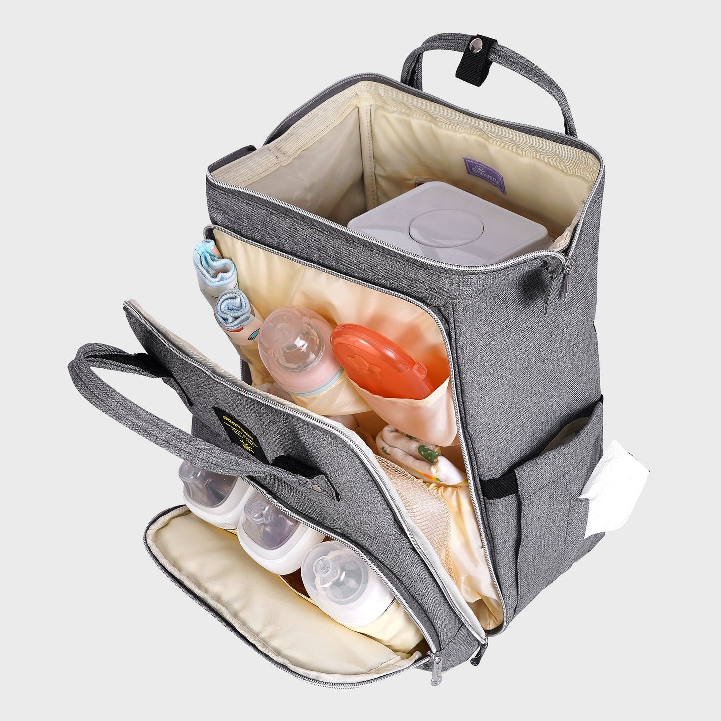 SUNVENO diaper backpack with open-wide insulated storage, featuring multiple compartments for baby essentials and easy access.